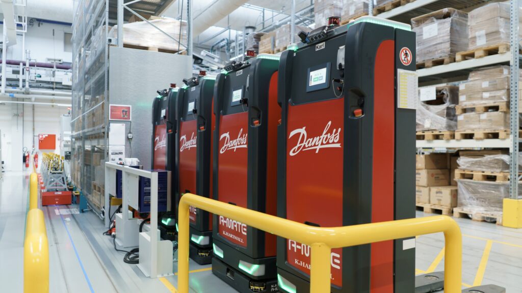 Danfoss in Denmark uses four A-MATE FreeLift AGVs for the internal material transport