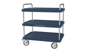 The elephantboard trolley with 3 shelves can be equipped with internal or external side bars